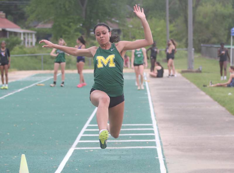 Kankakee McNamara's Jersey Slone competes in the long jump during the Class 1A Sectional track meet on Thursday, May 15, 2025 at Seneca High School.