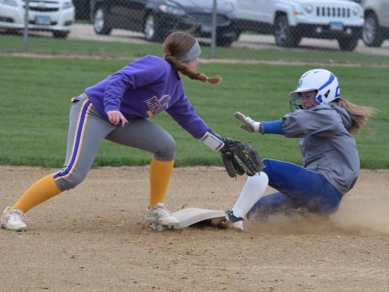 Princeton's Kelsea Klingenberg beats the throw to second base Tuesday at Mendota. The Tigresses and Trojans will collide again in regional play at Mendota.