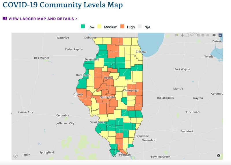 The latest COVID-19 community levels map, as of Friday, December 9, 2022, from the Illinois Department of Public Health.