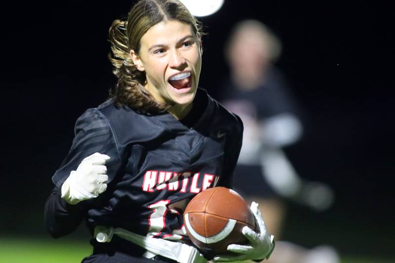 Huntley’s Aubrina Adamik reacts after securing a first down against Antioch in IHSA Regional varsity flag football action at Crystal Lake Central High School in Crystal Lake on Wednesday, Oct. 8, 2025.