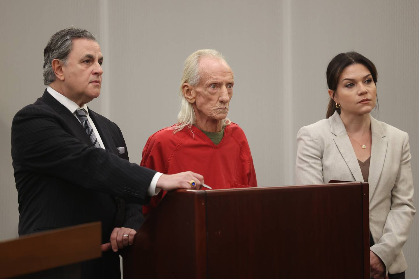 Joseph Czuba stands with his defense lawyers, George Lenard, left, and Kylie Blatti for a hearing at the Will County Courthouse on Monday, Oct. 30, 2023 in Joliet. Joseph Czuba, 71, was arraigned on charges of first-degree murder of 6-year-old Wadea Al-Fayoume and attempting to kill the boy's mother, Hanaan Shahin, 32, on Oct. 14 at a Plainfield Township residence.