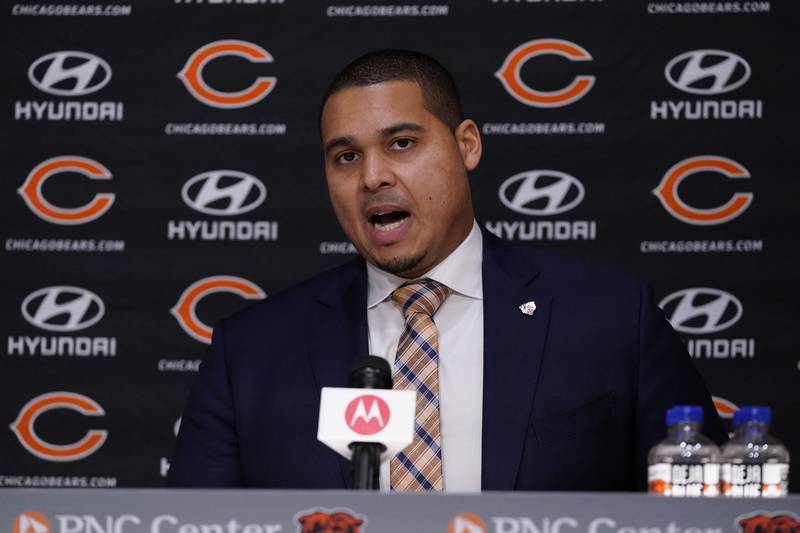 Chicago Bears general manager Ryan Poles speaks during a news conference Jan. 31, 2022 at Halas Hall in Lake Forest.