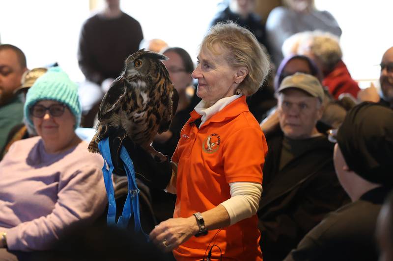 Hoo Haven volunteer Karen Herdklotz brings in Denver, an Eagle Owl, for a presentation at Four Rivers Environmental Education Center’s annual Eagle Watch on Saturday, Jan 10, 2026 in Channahon.