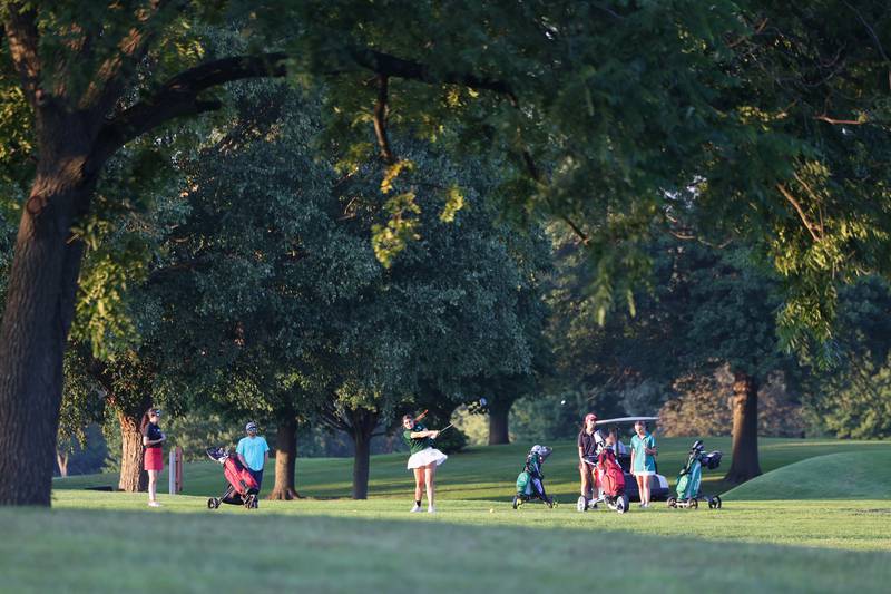 Bishop McNamara's Rhaya Depaolo tees off during the Fightin' Irish's 219-235 loss to Bradley-Bourbonnais in the All-City matchup at the Kankakee Elks Country Club on Thursday, Aug. 28, 2025.