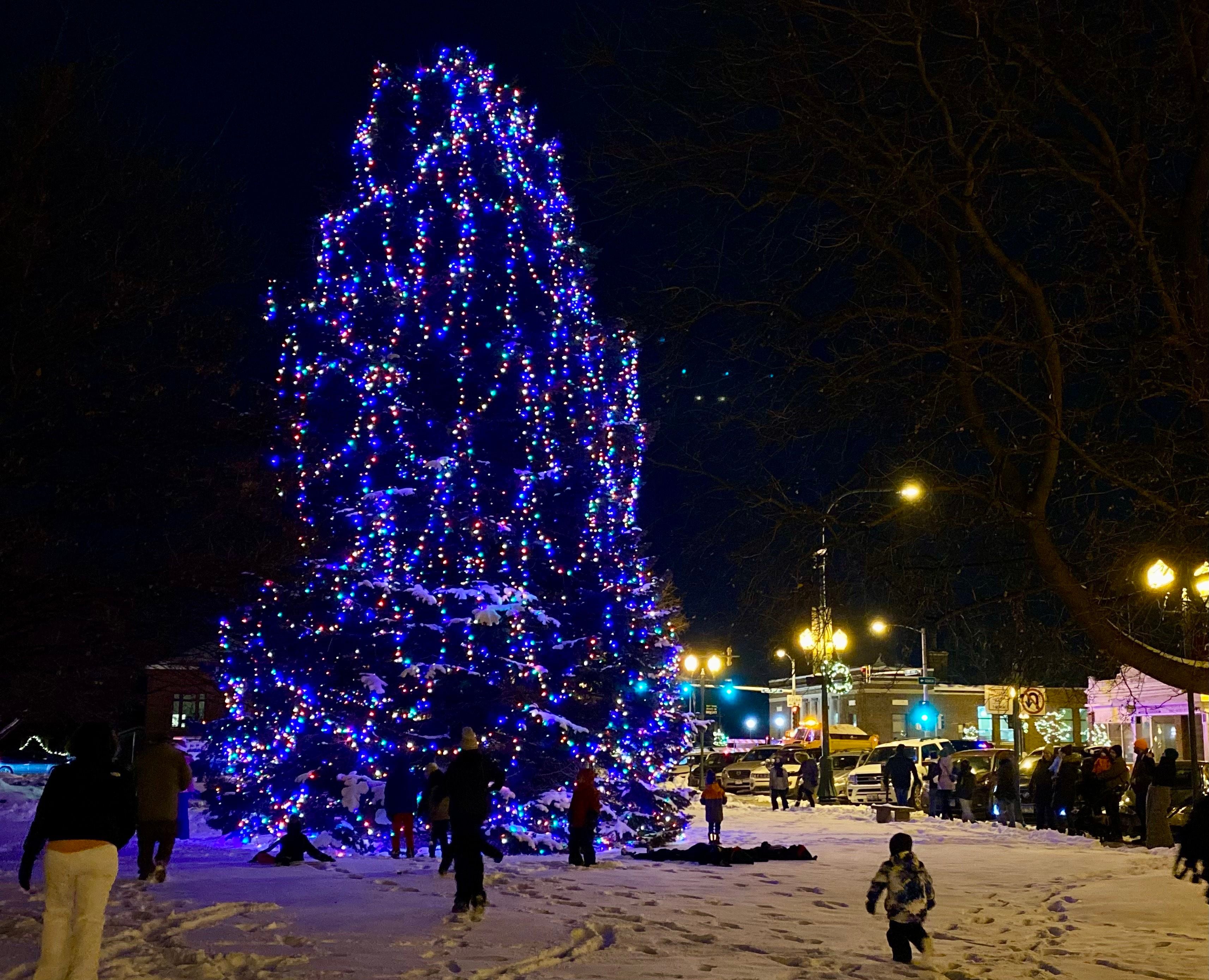 A holiday tree stands on the DeKalb County Courthouse lawn, lit up for the season with a little help from Santa Claus, Mrs. Claus and area children on Friday, Dec. 5, 2025, during the annual downtown Walk with Santa.
