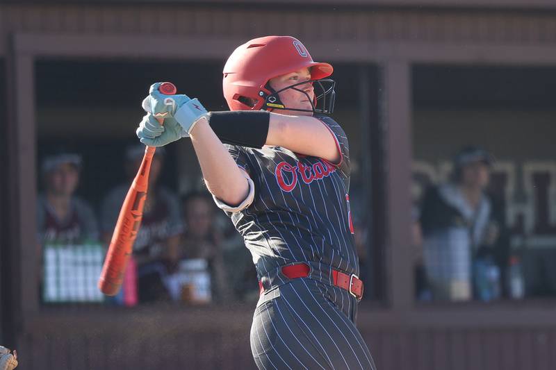Ottawa’s Piper Lewis connects against Morris on Wednesday, April 8, 2026 in Morris.