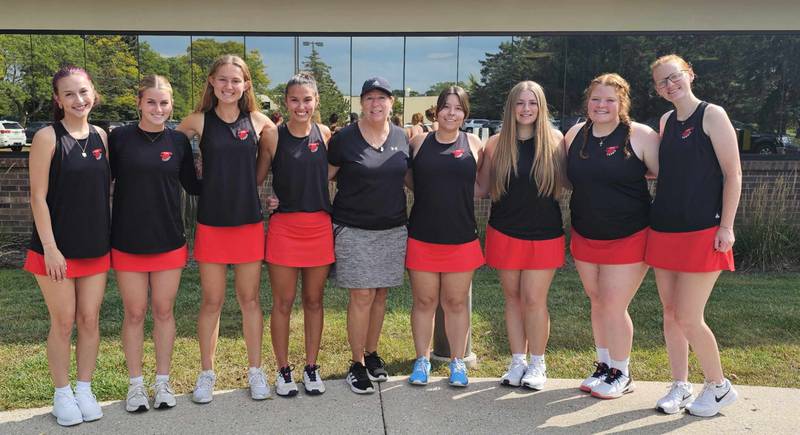 Pictured is the Sauk Valley Community College women's tennis team. Left to right are Arielle Tefiku, Sydney Schwartz, Grace Ferguson, Addison Arjes, coach Sara Kipping, Laurel Chavera, Kaitlyn Conderman, Julia Rhodes and Katie Kammerer. 

The Skyhawks took third in their regional to qualify for the NJCAA National Championships, taking place next May 2 to May 6.