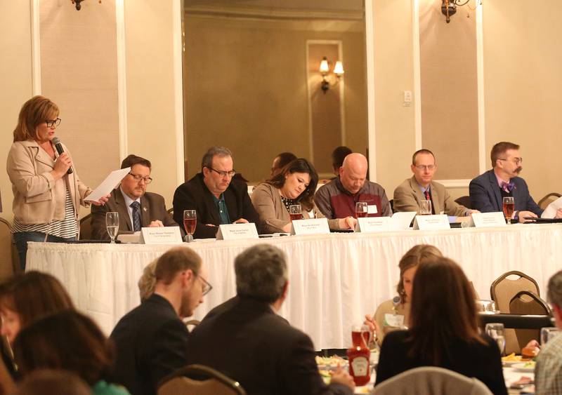 Illinois Valley mayors (from left) Melanie Thompson, City of Spring Valley, Jason Curran City of Oglesby, Ken Kolowski, City of Peru, Tara Bedei City of Streator, Jeff Grove City of La Salle, Dave Stewart Village of Utica, and Robert Hasty attended the Illinois Valley Chamber of Commerce State of the Cities luncheon on Wednesday, March 27, 2024 at Grand Bear Resort at Starved Rock in Utica.