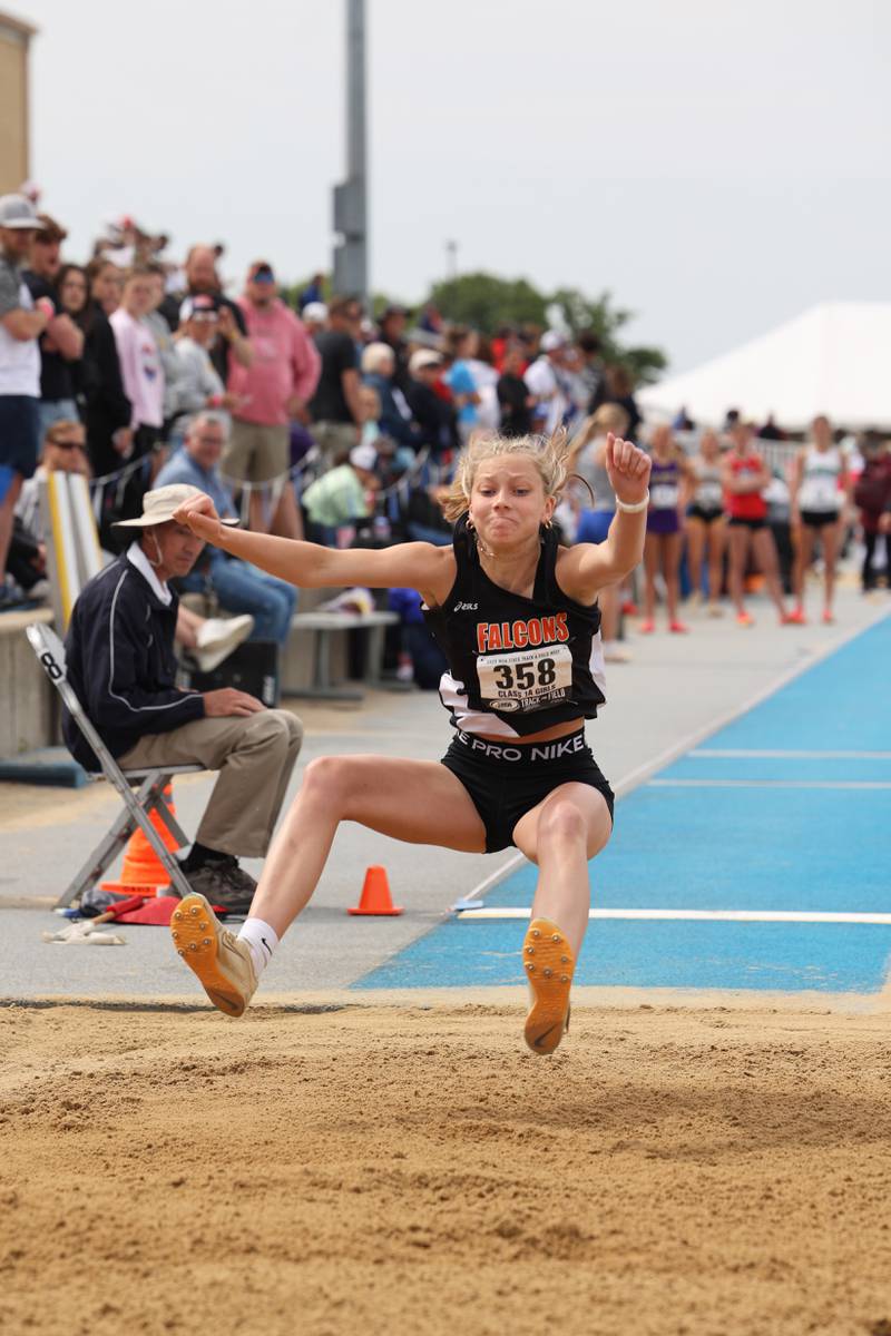 Flanagan-Cornell/Woodland’s Abbi Armstrong competes in long jump during the IHSA Class 1A Girls Track & Field State Finals on Saturday, May 24, 2025.