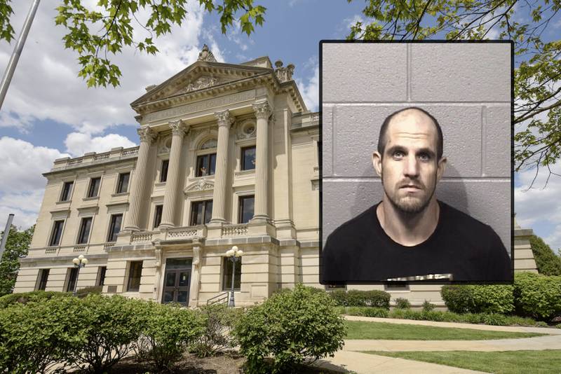 Kraig H. Baughman, 33, of the 200 block of West Main Street in Genoa, is charged with arson in the June 15, 2023 structure fire in the 200 block of West Main Street downtown, according to DeKalb County court records. If convicted of the Class 2 felony, Baughman could face up to seven years in prison. (Inset photo provided by DeKalb County Jail)