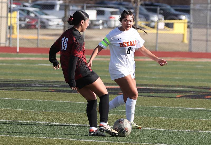 DeKalb's Carla Murrieta tries to stop Rockford East's Sofia Gomez during their game Tuesday, March 25, 2025, in the Barb Fest tournament at DeKalb High School.