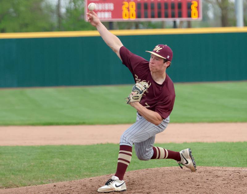 Morris pitcher Logan Conroy lets go of a pitch to L-P on Friday, April 17, 2026 at Huby Sarver Field in the L-P Athletic Complex in La Salle.