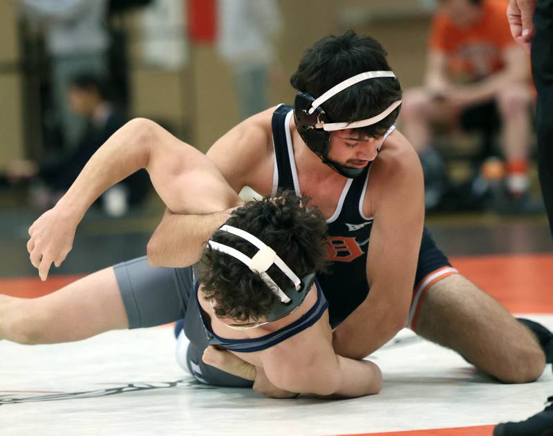 DeKalb’s Kaden Klapprodt controls Lake Park’s Sevak Ohanyan Wednesday, Nov. 27, 2024, during their 120 pound match at DeKalb High School. Klapprodt went on to pin his opponent.