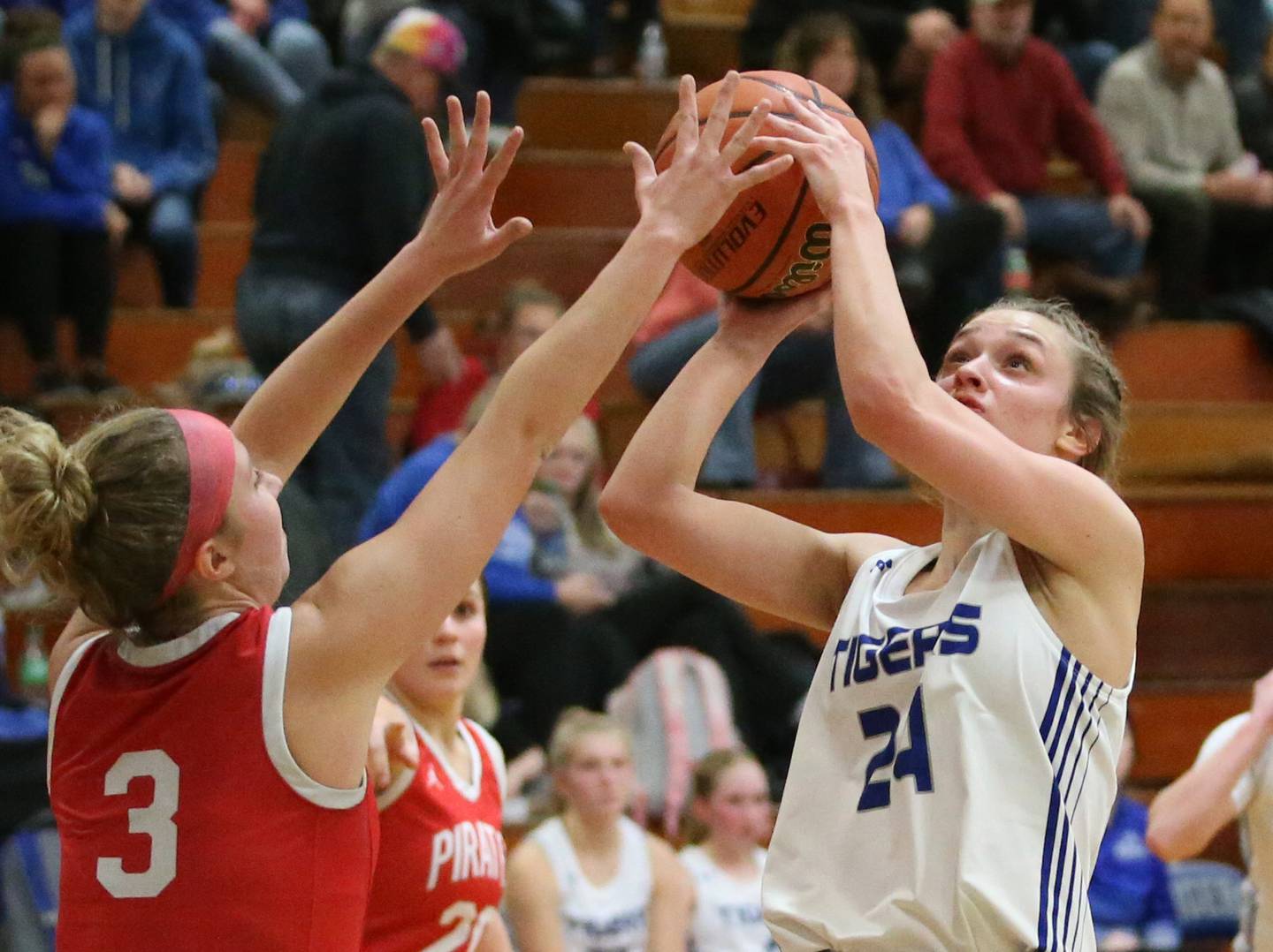 Princeton's Keighley Davis shoots a jump shot over Ottawa's Skylar Dorsey on Monday, Feb. 5, 2024 in Prouty Gym.