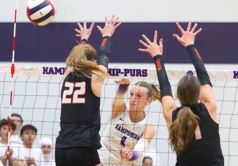 Hampshire’s Elizabeth King hits the ball against Libertyville in an IHSA volleyball Class 4A Sectional Championship at Hampshire High School in Hampshire on Thursday, November 6, 2025.
