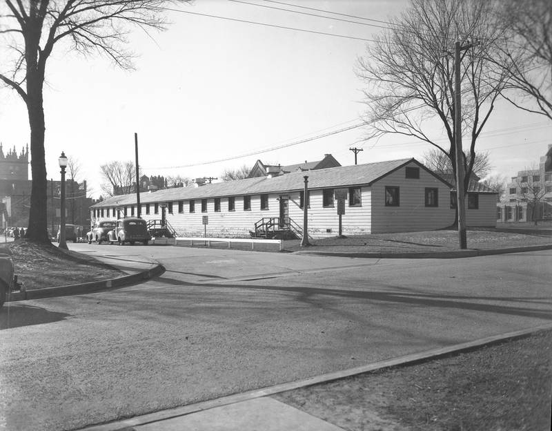 Looking south at Lucinda toward what will be Wirtz Drive at the new cafeteria (formerly a cafeteria building at Camp McCoy, Wisconsin) at Northern Illinois State Teachers College (now NIU), 1947.