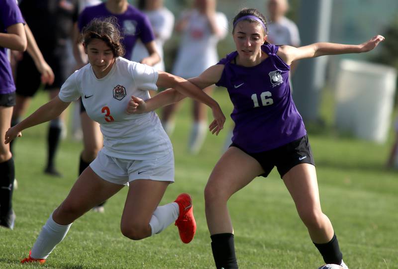 Hampshire’s Shayne Norris, right, battles Crystal Lake Central’s Addison Schaffer in varsity soccer at Hampshire Tuesday evening.