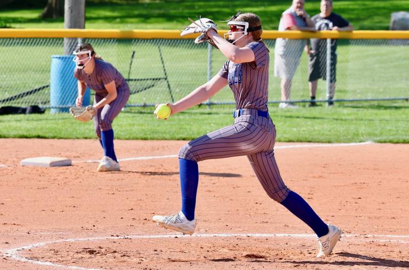 Princeton's Piper Hansen delivers a pitch against Hall Thursday in Spring Valley. She pitched PHS to a 12-2 win.