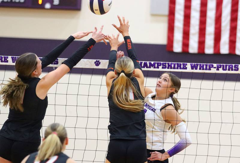 Hampshire’s Lily Ingve plays the ball against Libertyville in an IHSA volleyball Class 4A Sectional Championship at Hampshire High School in Hampshire on Thursday, November 6, 2025.