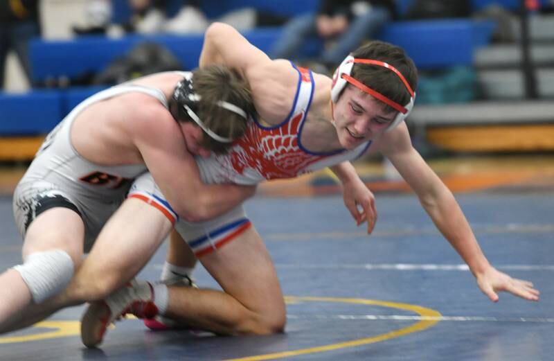 Oregon's Grant Stender (right) wrestles Byron's Carson Behn for third place at 152 pounds at the 1A Polo Wrestling Regional held at Eastland High School on Saturday, Feb. 4.