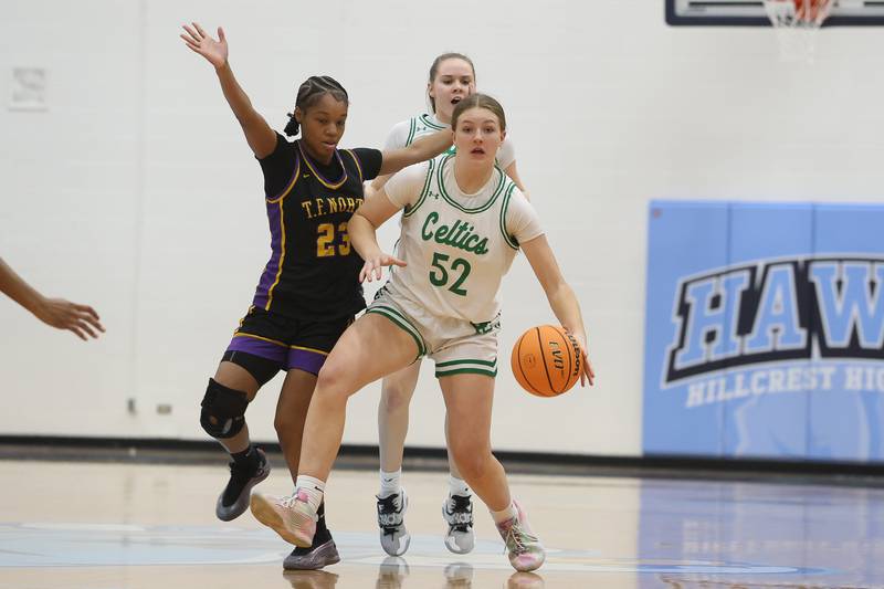 Providence’s Layken Callahan looks for a play mid-court against Thornton Fractional North in the Class 3A Hillcrest Sectional semifinal game on Tuesday, Feb. 24, 2026 in Hillcrest.