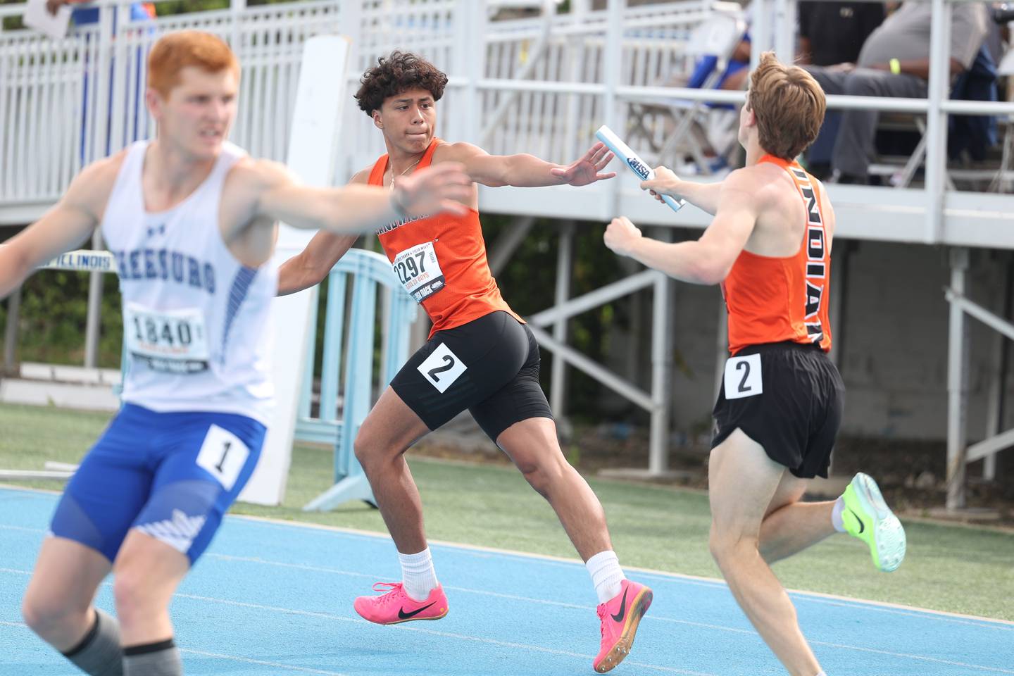 Sandwich’s Luis Baez takes the baton in the Class 2A 4x400 Meter Relay State Finals on Saturday, May 27, 2023 in Charleston.