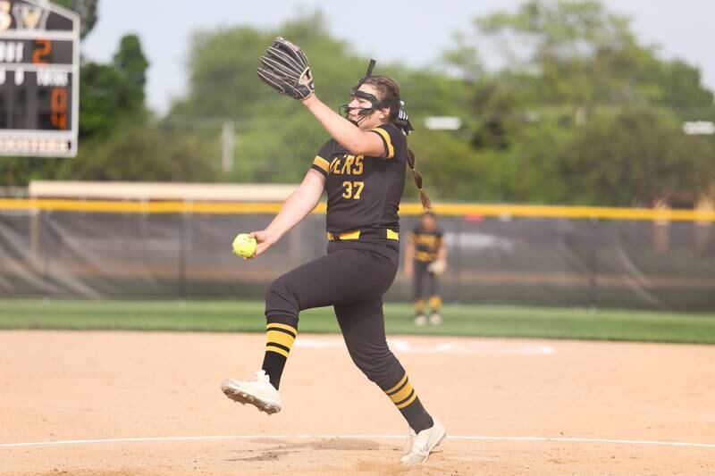 Joliet West’s Madison Jadron delivers a pitch against Joliet Central on Monday, May 15, 2023 in Joliet.