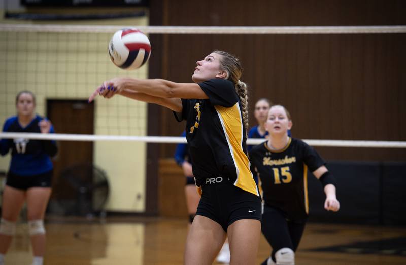 Herscher's Lexi Crawford makes a return hit in a match against Clifton Central on Monday, September 29, 2025.