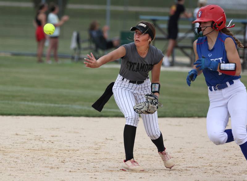 Sycos' Rese Symons flips the ball to second Friday, June 27, 2025, during their 16u game against Select Fastpitch in the Storm Days tournament at the Sycamore Community Sports Complex.