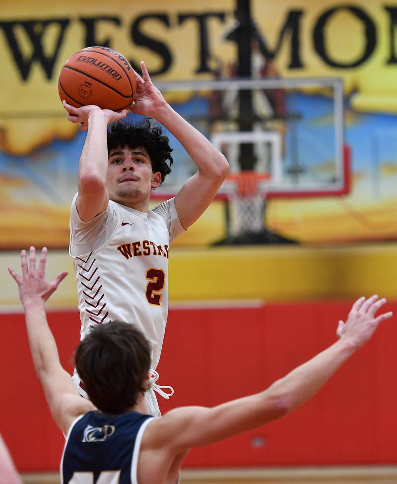Westmont's Alexander Konof (2) shoots for two points during a game against IC Catholic Prep on Jan. 5, 2024 at Westmont High School in Westmont.