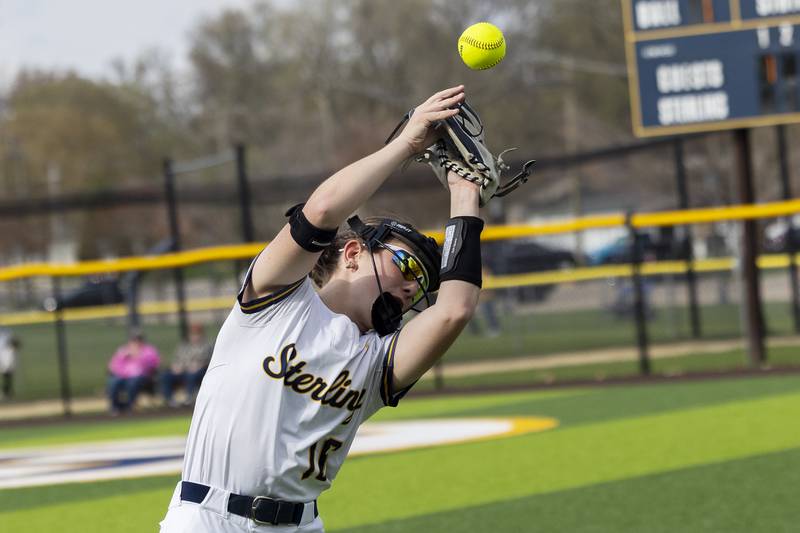 Sterling’s Breanna Taylor fumbles a pop-up against Moline Tuesday, April 22, 2025.