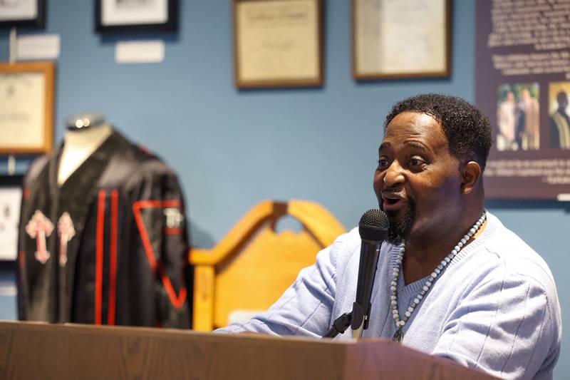 Rickey Tucker, a 39-year parishioner of the late Kankakee civil rights leader Rev. William Copeland, shares memories during the opening of the exhibit 'Called to Kankakee: The Life and Legacy of the Rev. William H. Copeland Jr.' at the Kankakee County Museum on Saturday, Feb. 7, 2026.
