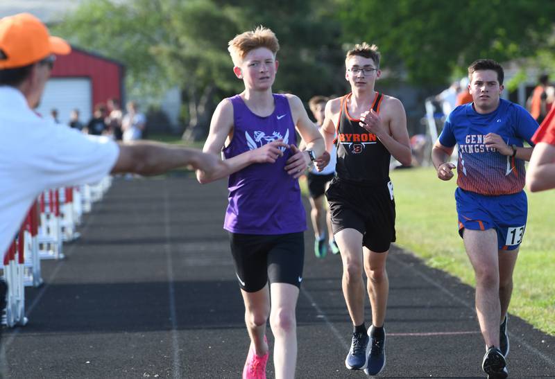 Dixon's Brody Hopper laps other runners as he finishes second in the 3200 meters at the Big Northern Conference Meet at Stillman Valley on Thursday, May 14, 2026.