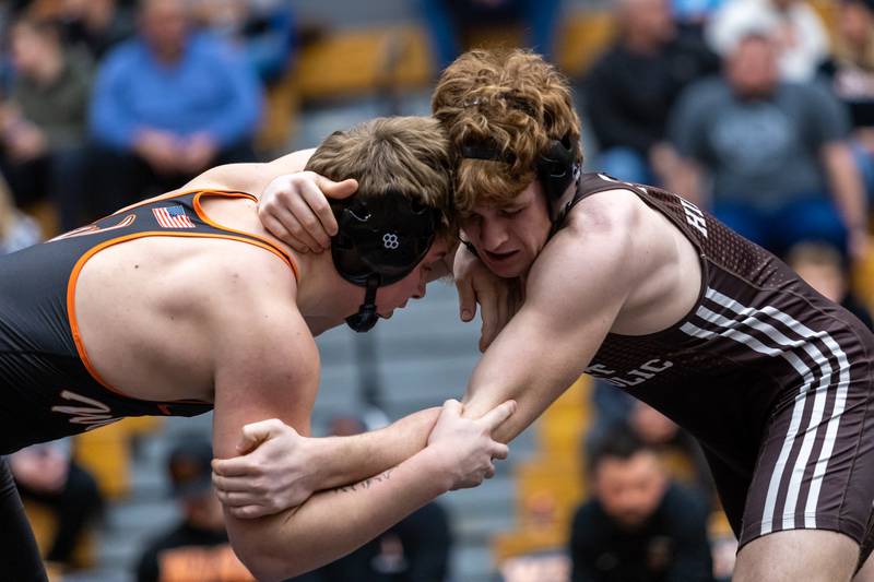 Lincoln-Way West’s Max Herman and Joliet Catholic’s Nolan Vogel compete in the 165 pound match at Lincoln-Way West on Jan. 8, 2026.