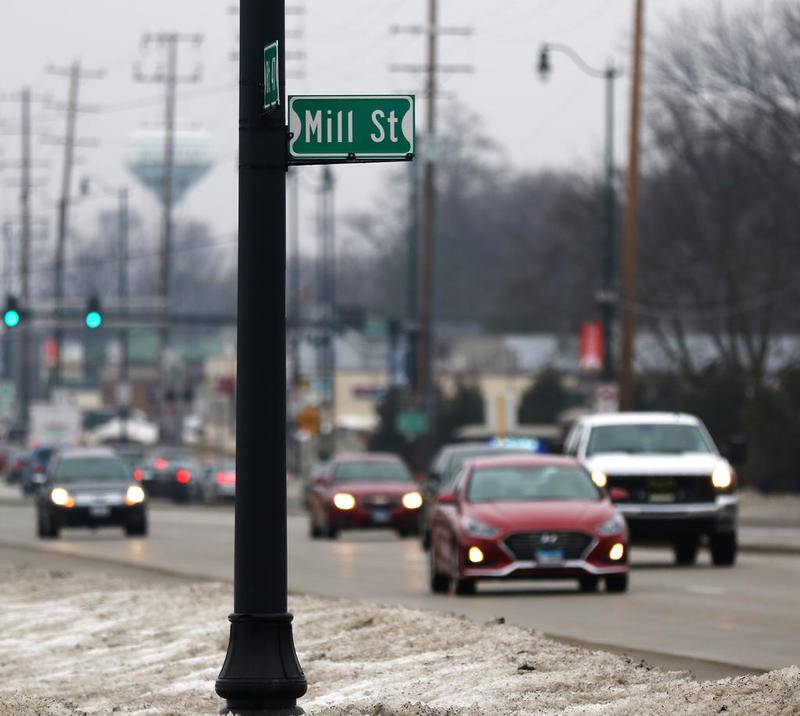 Cars travel Monday down Route 47 between Main and Mill streets in Huntley. There is a vacant lot on the block and talks have surfaced about the possibility of a new Amtrak train station in the area.