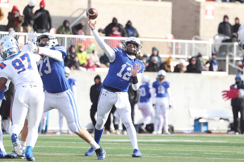 Geneva’s Anthony Chahino finds an open Talyn Taylor for the touchdown against East St. Louis in the Class 6A state championship on Saturday, Nov. 30, 2024 in Normal.
