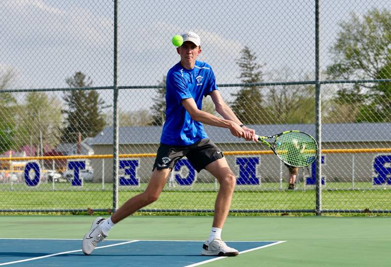 Princeton's  Jackson Mason makes a return at No. 1 doubles against Ottawa on Monday.