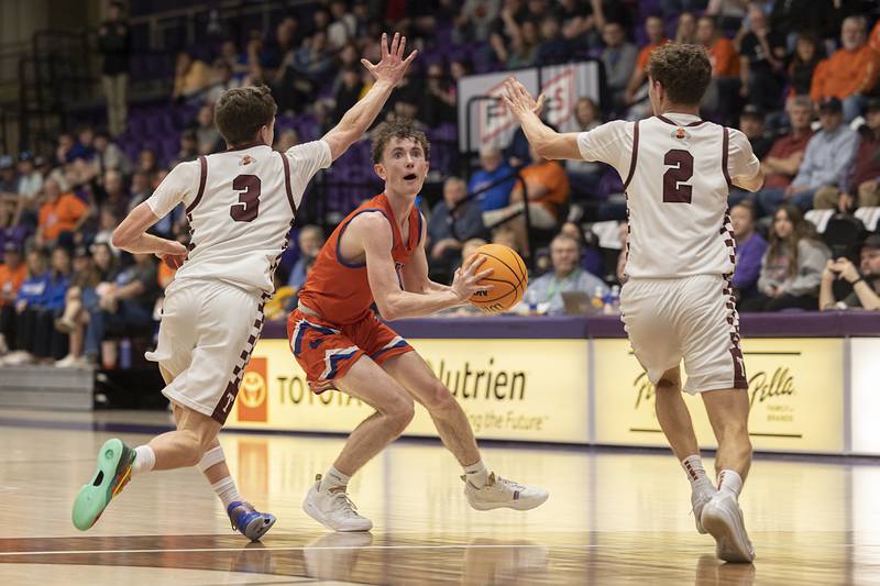 Eastland’s Wyatt Carroll looks to create space against Tremont Monday, March 9, 2026, in the Class 1A Macomb Supersectional.