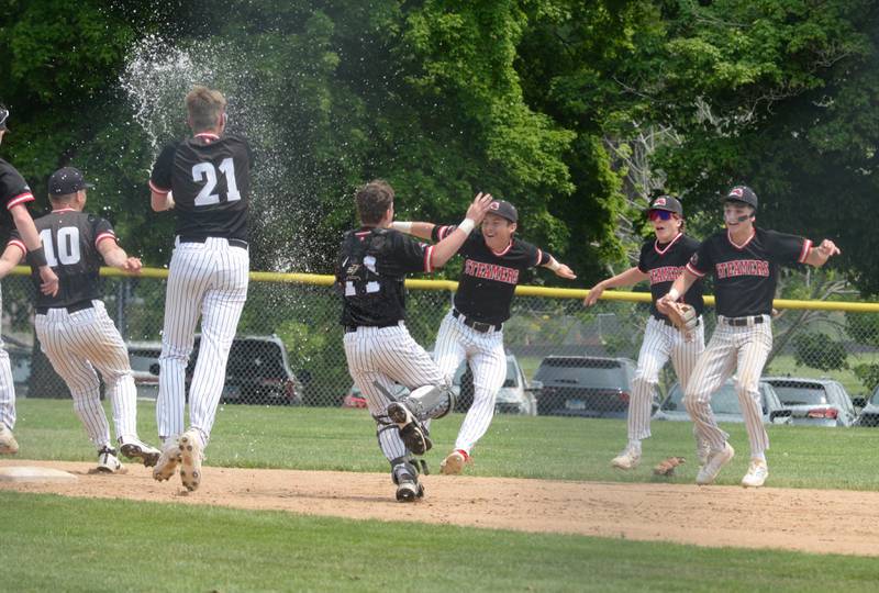 The Steamers celebrate in center field after the last out against River Ridge/Scales Mound to win the 1A Lena-Winslow Sectional 3-2 on Saturday, May 31, 2025.