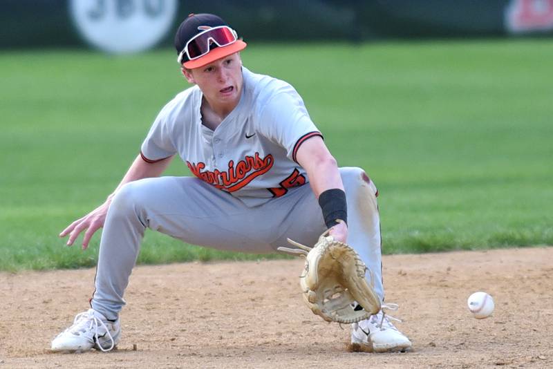 Lincoln-Way West's Quentin Lange fields a ground ball during a game at Bradley-Bourbonnais Thursday, May 1, 2025.