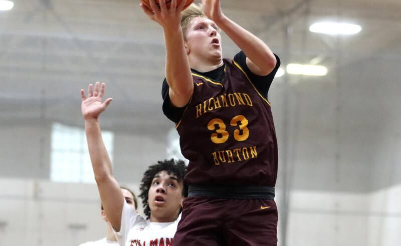 Richmond-Burton’s Luke Robinson soars under the hoop against Stillman Valley during 74th Annual E.C. Nichols Holiday Classic varsity boys basketball tournament action on Saturday, Dec. 28, 2024 at Marengo High School in Marengo.