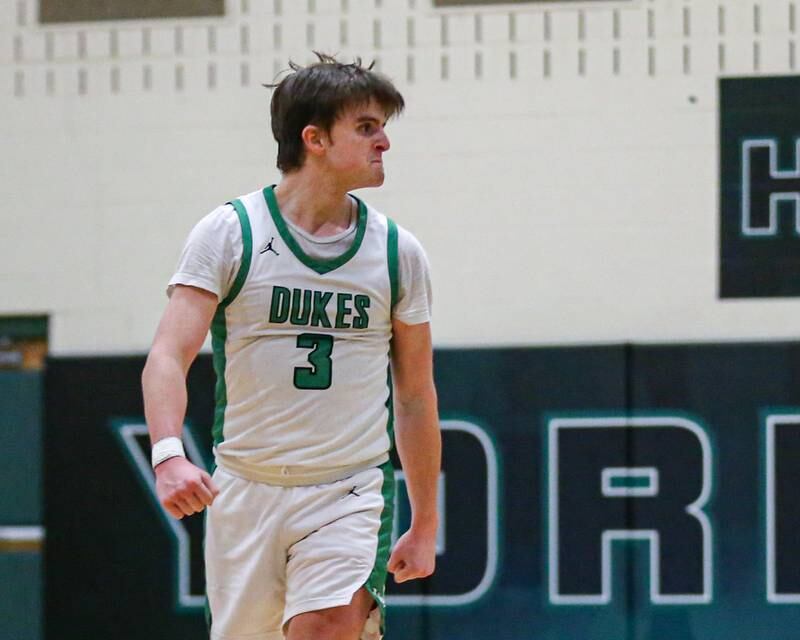 York's Connor Fitzgerald (3) reacts after hitting a big shot during their basketball game between Lyons at York. Jan 10, 2025 in Elmhurst.
