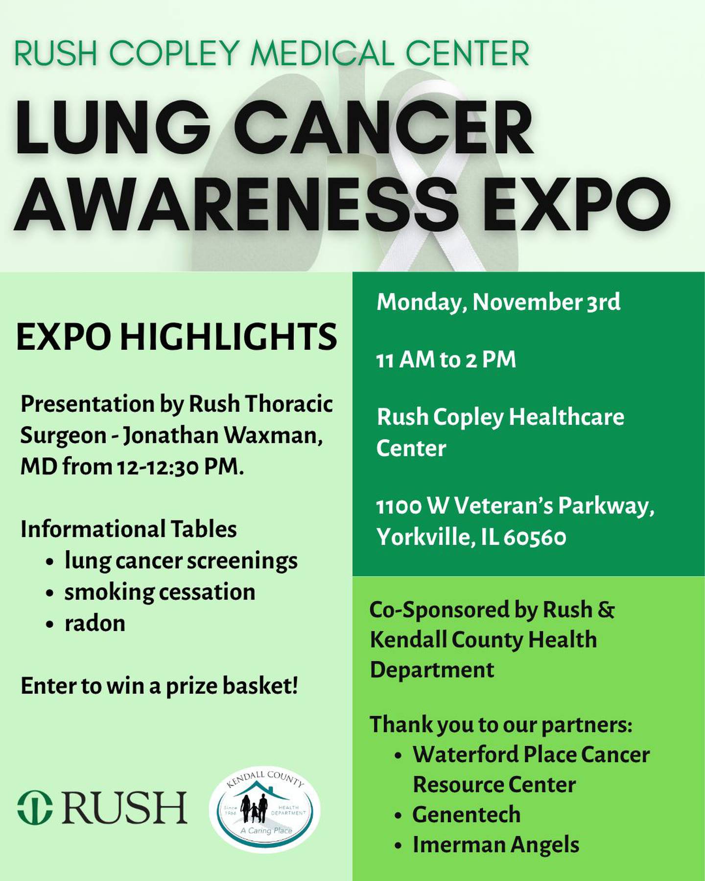As part of Lung Cancer Awareness Month, the Kendall County Health Department and Rush Copley Medical Center are partnering once again to host a lung cancer awareness event from 11 a.m. to 2 p.m. Nov. 3 at Rush Copley Healthcare Center, 1100 W. Veterans Parkway, Yorkville.
