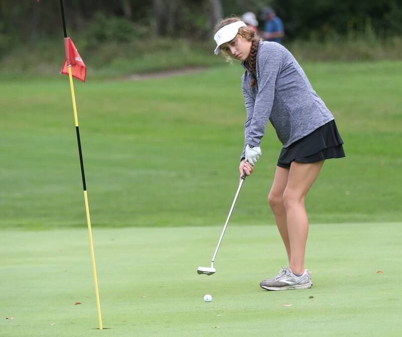 Erie-Phophetstown's Sophia Hall puts on the 7th hole during the Class 1A Regional golf meet on Thursday, Sept. 28, 2023 at Spring Creek Golf Course in Spring Valley.