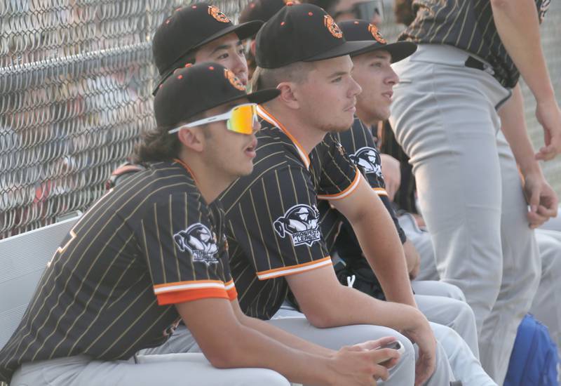 Illinois Valley Pistol Shrimp players Camden Loomis of Ottawa, (left) and Andrew Ressler of Huntley, watch the game against the Alton River Dragons on Thursday, June 5, 2025 at Schweickert Stadium in Peru.