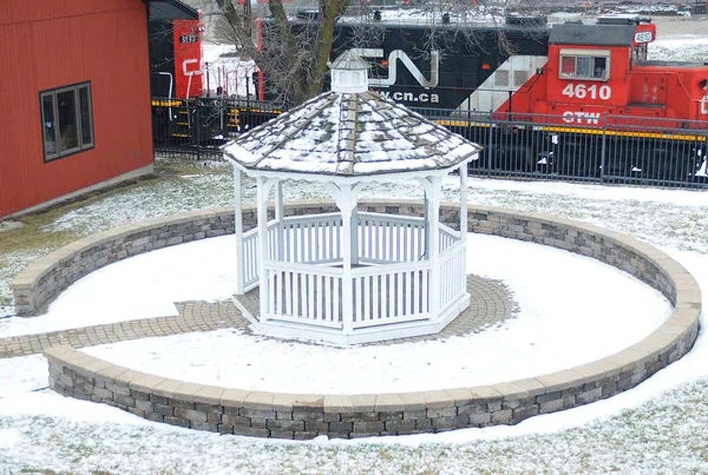 One of the twin gazebos, donated by David Letterman to the city of Kankakee after the it was rated the worst place to live in the U.S. in 1999, is shown in this January 2015 photo. A group of Kankakee High School students turned the gazebo into a rocking chair for the retiring Letterman.