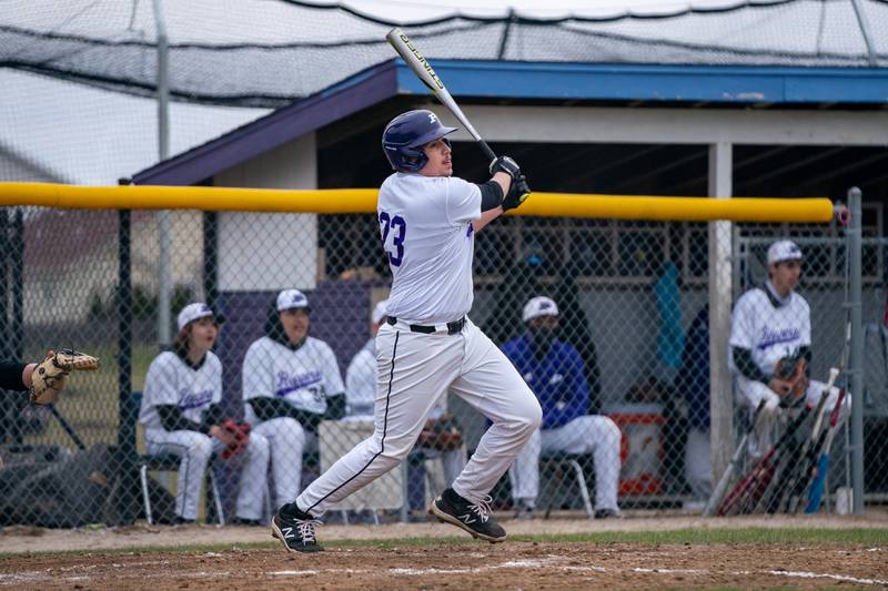 Plano’s Vinny Maye (23) doubles against Sycamore during a baseball game at Plano High School on Monday, April 4, 2022.