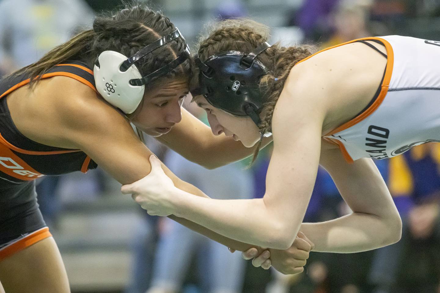 Angelina Gochis of Kaneland wrestles and defeats Alex Gregorio-Perez of Dekalb High School to take first place during girls wrestling sectionals at Geneseo High School on February 10, 2024.