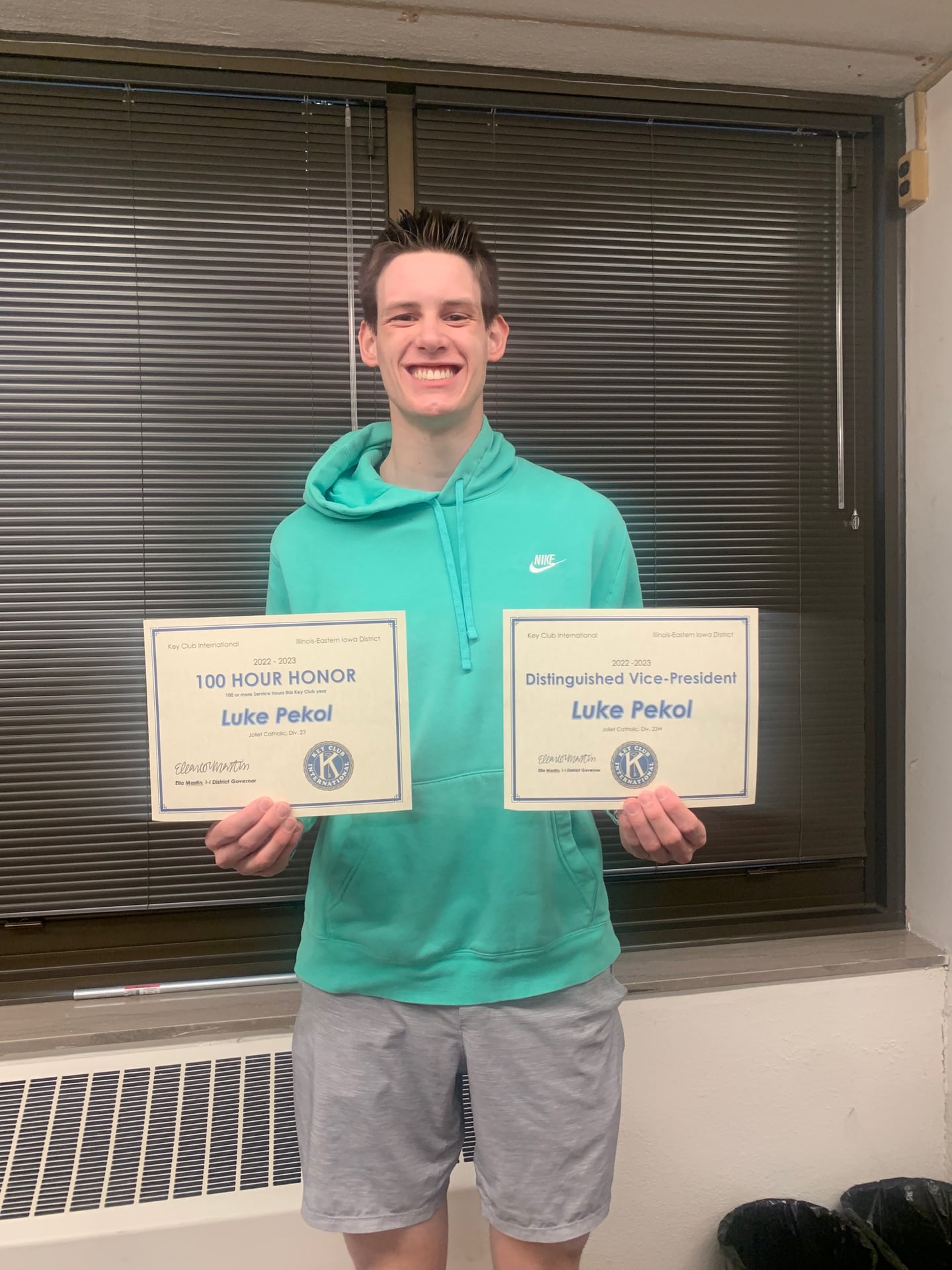 JCA senior and member of the JCA Key Club Luke Pekol was named distinguished Vice President of the year in the llinois-Eastern Iowa Key Club.