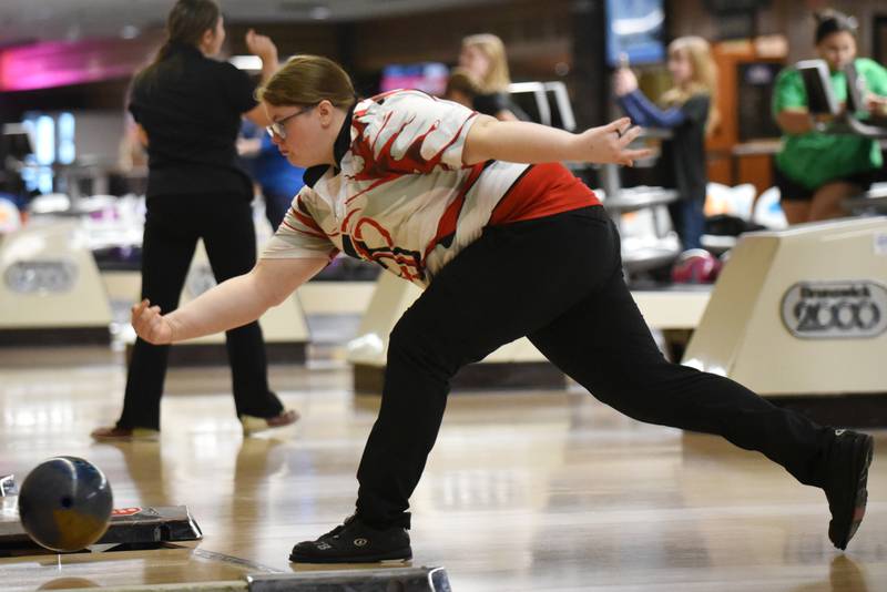 Bradley-Bourbonnais' Brianna Dyer bowls during the All-City girls bowling meet at Brookmont Bowling Center in Kankakee Wednesday, Feb. 5, 2025.